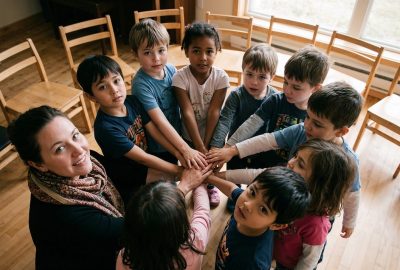 Kinderen in een klaslokaal die een cadeau overhandigen aan hun juf