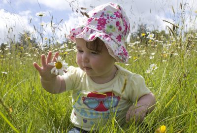 Een peuter die nieuwsgierig een boeket bloemen aanraakt
